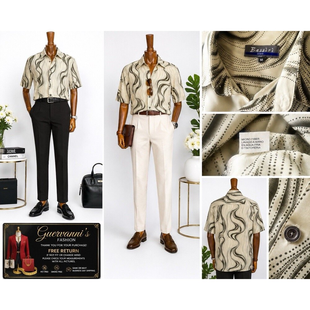 Bassiri Uomo Mens M Cream Black Abstract Swrl Button UP sHIRT y2k Retro